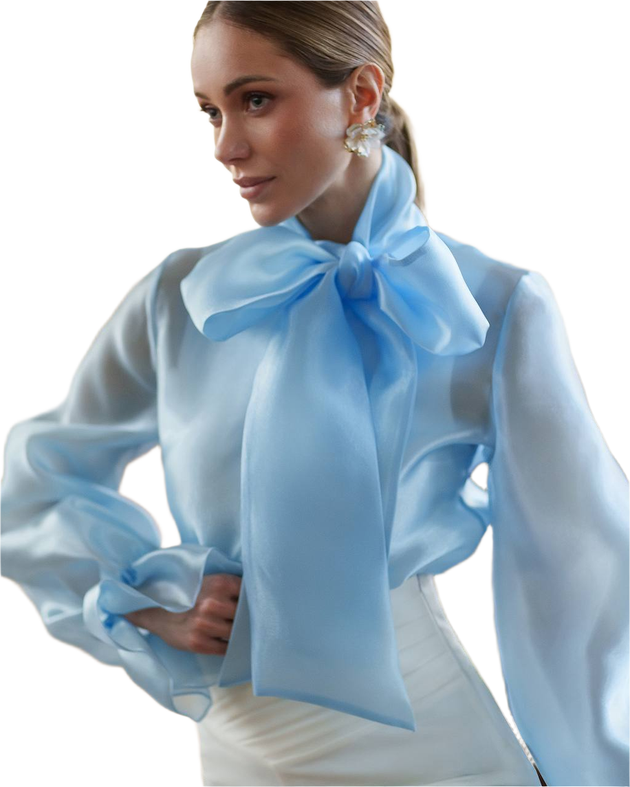 Luxury Organza Women Blouse with Bow Tie in Blue