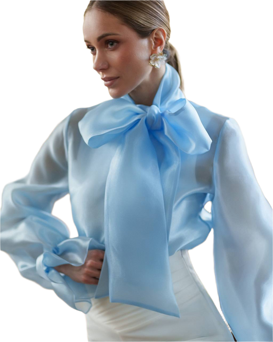Luxury Organza Women Blouse with Bow Tie in Blue