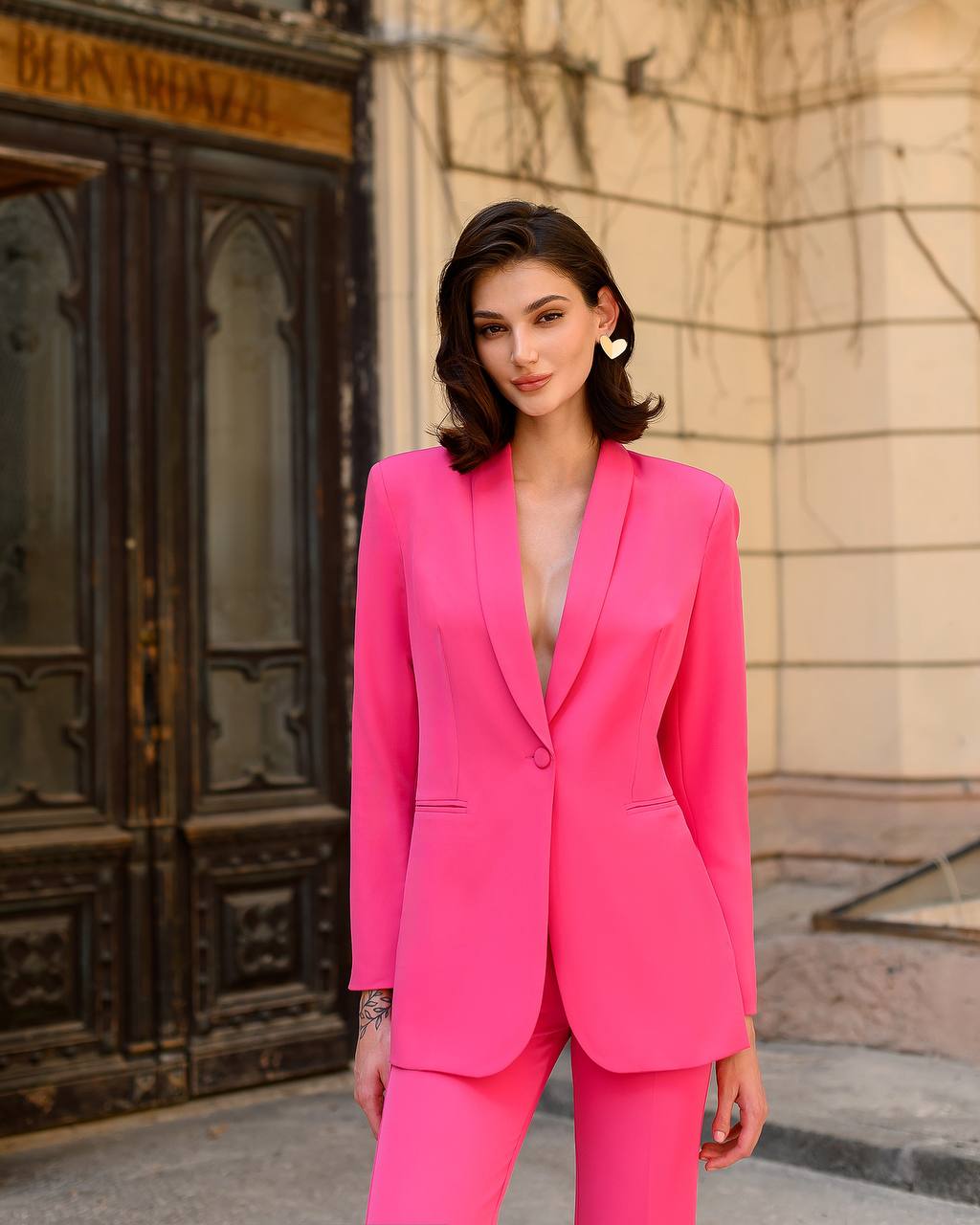 Womens Pink Suit with Lined Blazer and Flared Pants