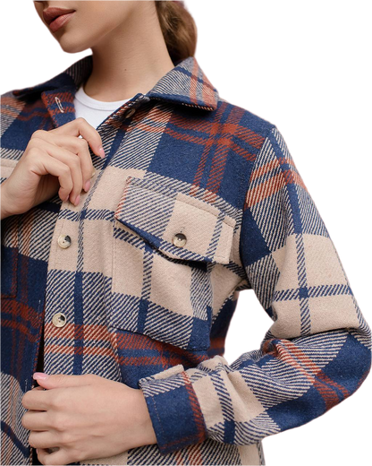 Plaid jacket with a focus on the collar and pocket area.