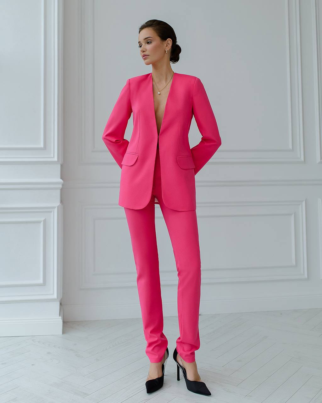 Womens Collarless Suit Jacket with Matching Pants in Raspberry