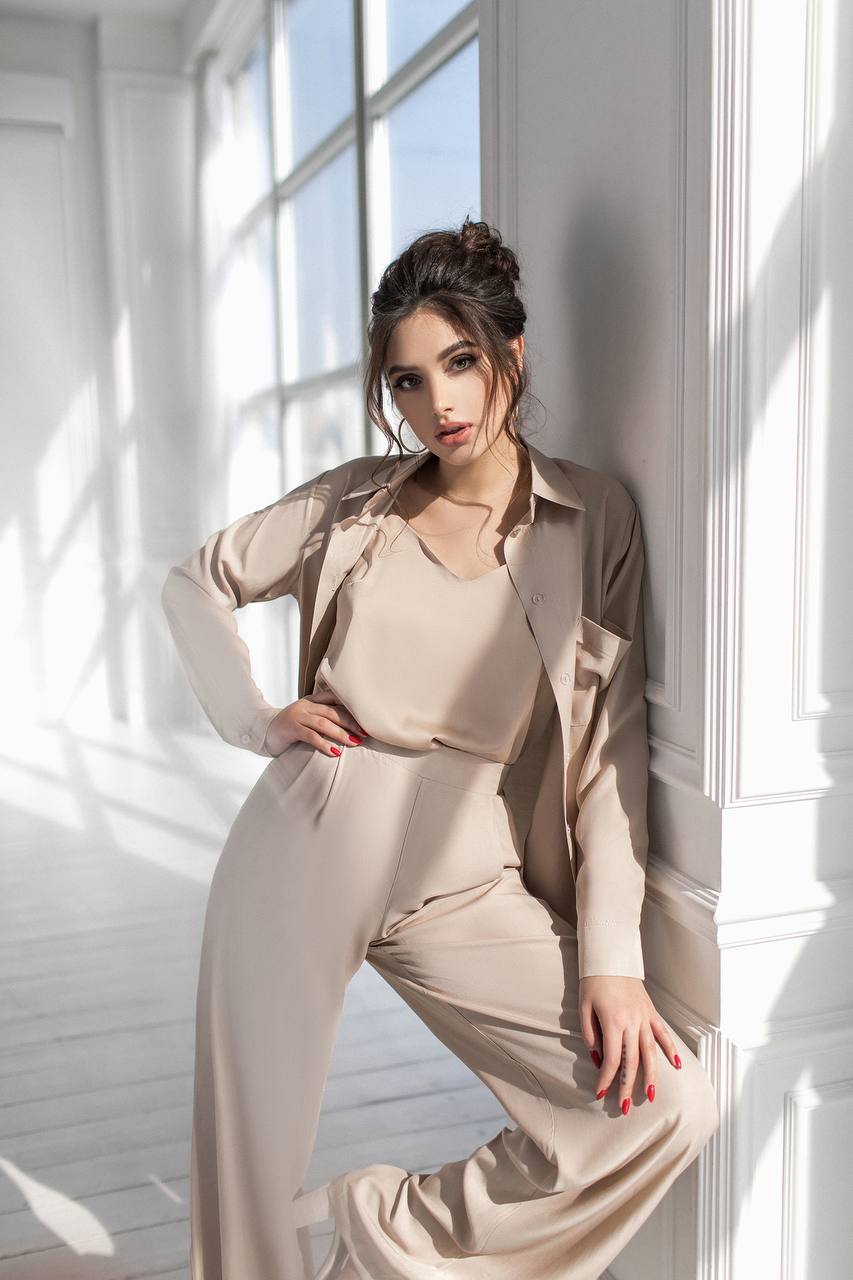 Womens Viscose Twill Suit Shirt and Elastic Waistband Pants