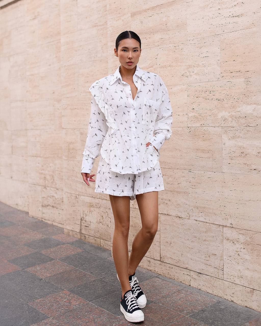 Womens Muslin Shirt and Shorts Set with Dandelion Print
