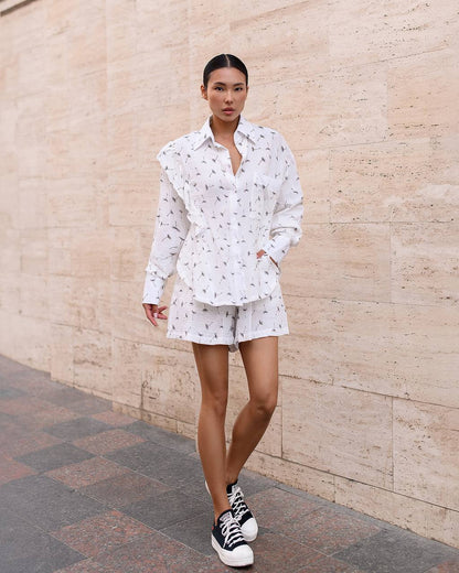 Womens Muslin Shirt and Shorts Set with Dandelion Print