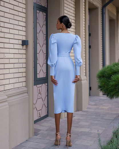 Elegant Midi Dress with Puff Long Sleeves and Belt in Premium Suit Crepe