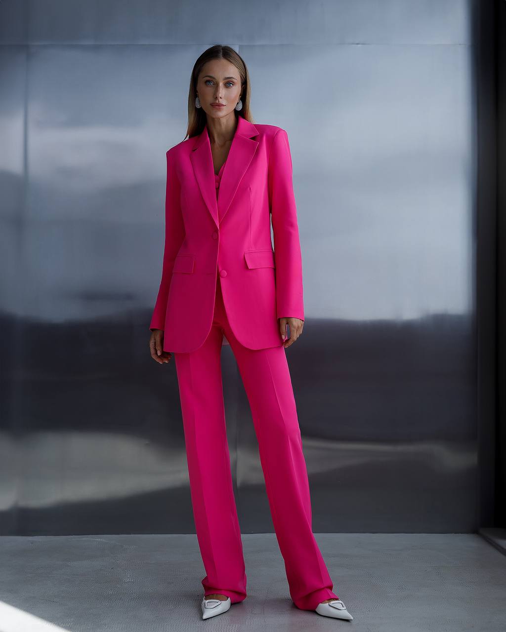 Womens Three Piece Suit with Vest in Vibrant Pink Diagonal Crepe