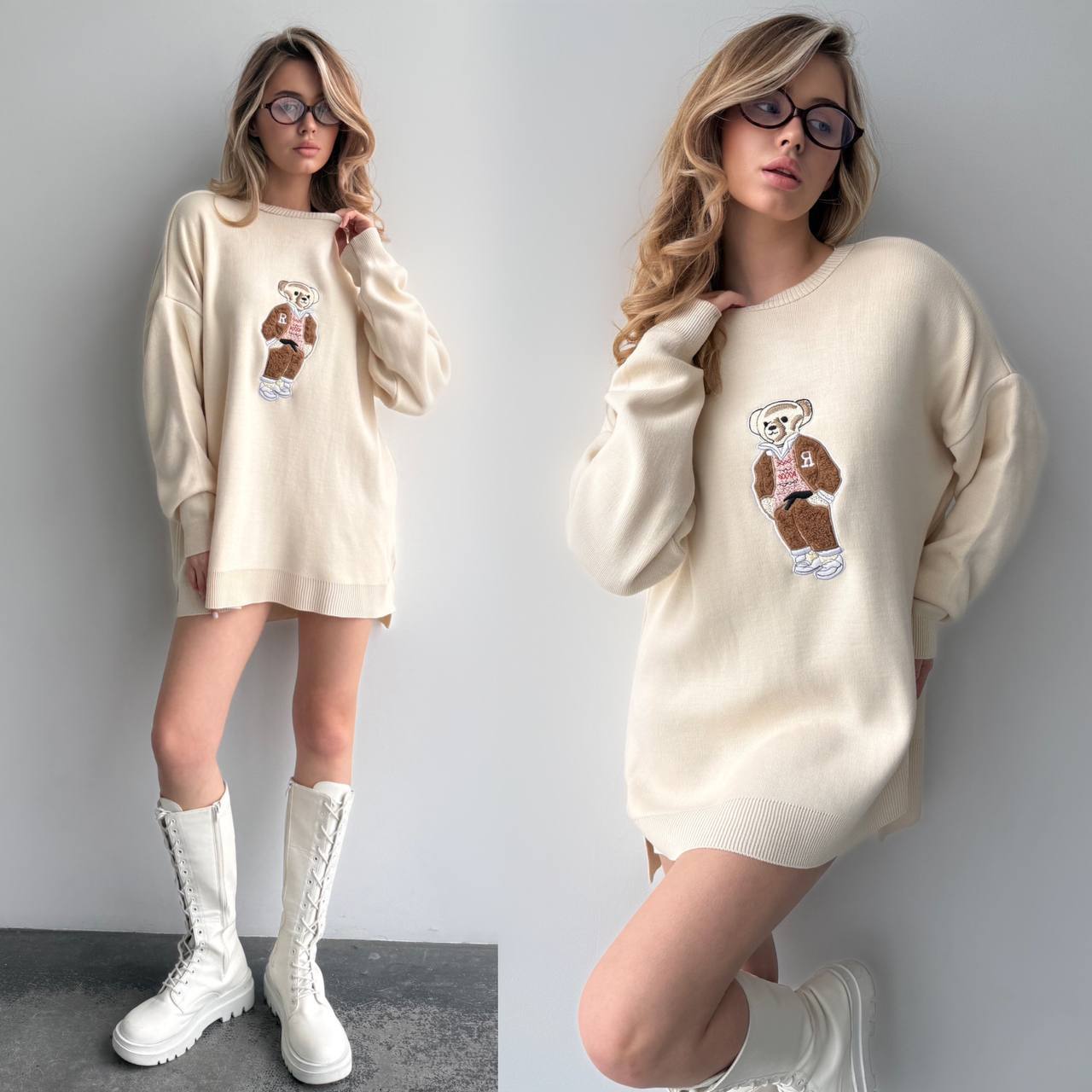 Two images of a woman wearing a cream-colored sweater with a bear design, paired with white boots against a plain background.