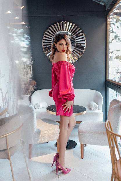 Elegant Raspberry Satin Mini Dress with Long Puff Sleeves