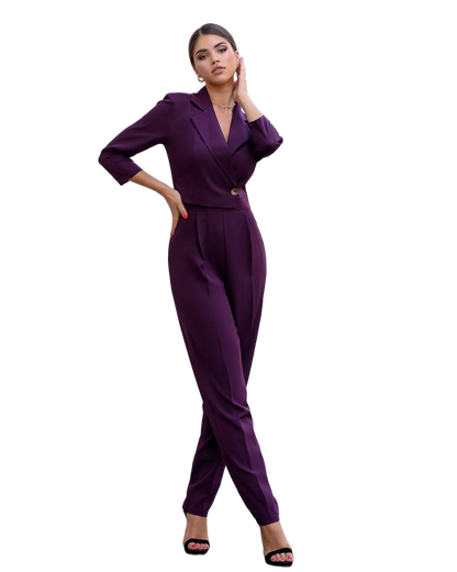 Chic Purple Jumpsuit Elegant All Season Outfit with Pockets for Work and Parties