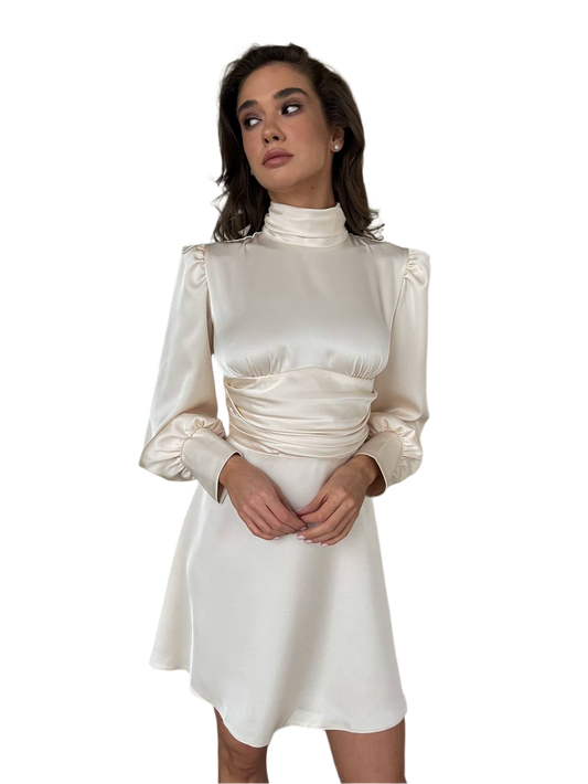 Elegant Women's Italian Silk Mini Dress with Turtleneck and Long Sleeves