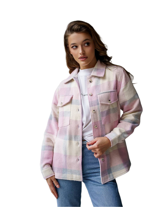 Womens Turkish Cashmere Wool Plaid Shirt Jacket Lilac Mustard Powder Blue