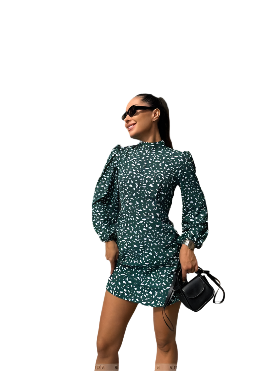 Stylish Green Mini Dress with Puff Sleeves and Side Pockets