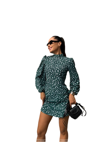 Stylish Green Mini Dress with Puff Sleeves and Side Pockets