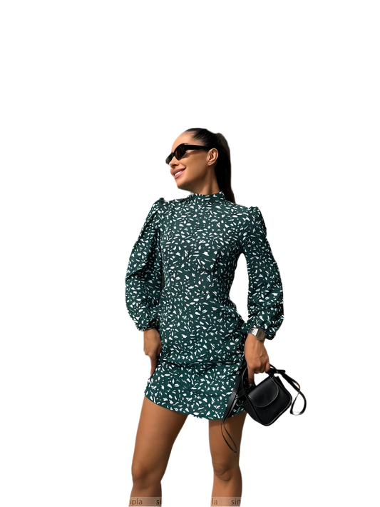 Stylish Green Mini Dress with Puff Sleeves and Side Pockets