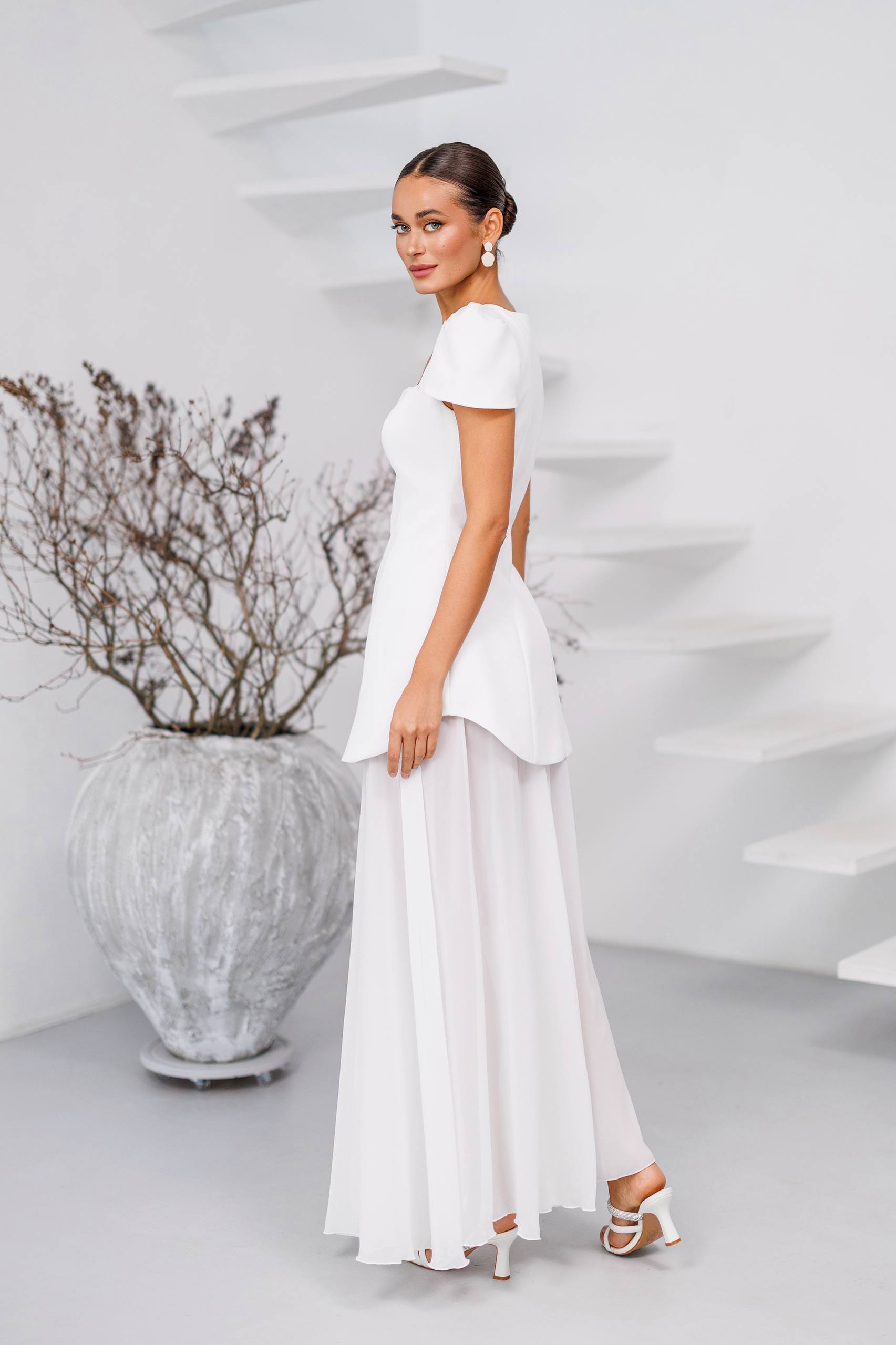 White Peplum Dress and Skirt Diagonal Crepe Top Premium Chiffon Skirt