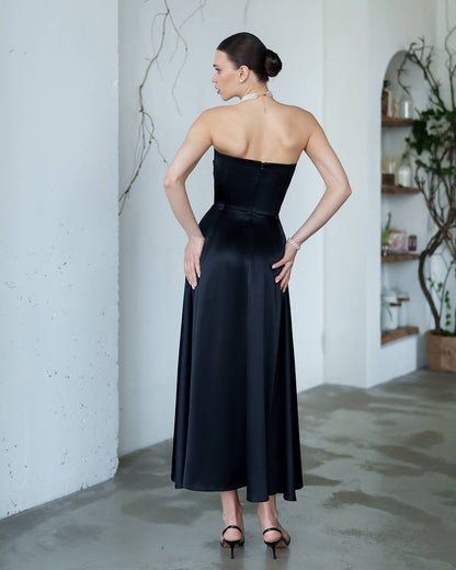 Women's Premium Dense Satin Strapless Midi Dress