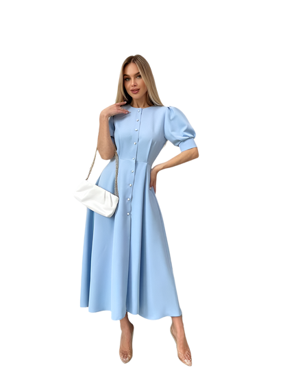 Elegant Light Blue Midi Dress with Button Front and Puff Sleeves