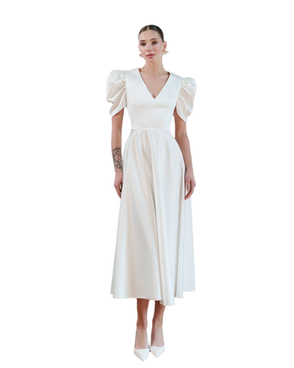 Elegant Premium Satin Midi Dress with Puff Sleeves for Women