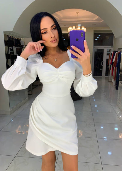 Elegant White Mini Dress With Puff Sleeves