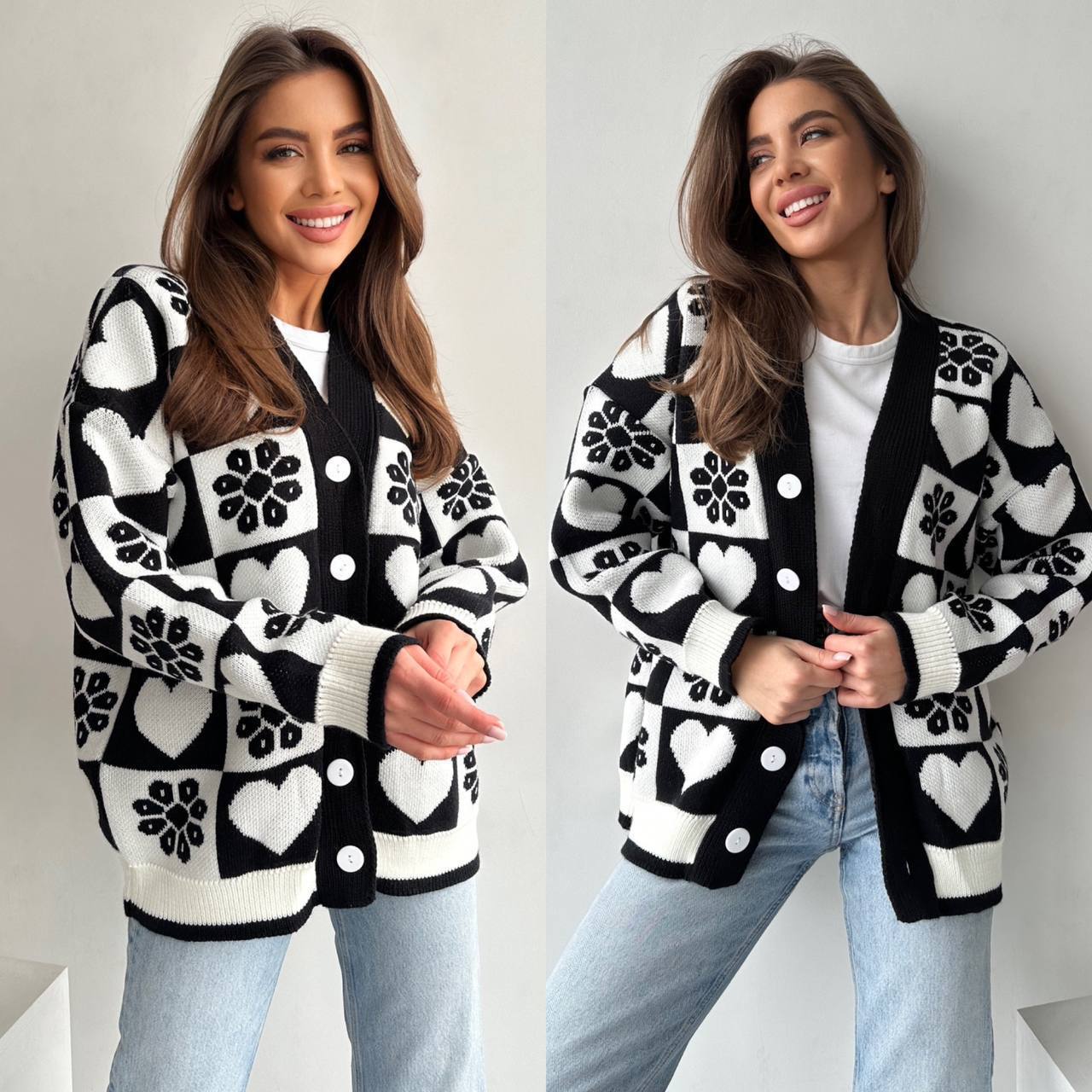 Two identical images of a woman wearing a black and white patterned cardigan against a plain background.