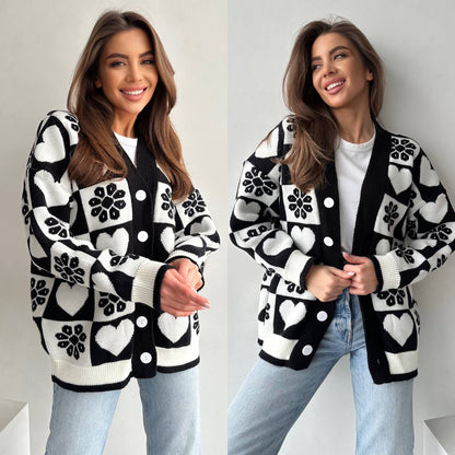 Two identical images of a woman wearing a black and white patterned cardigan against a plain background.