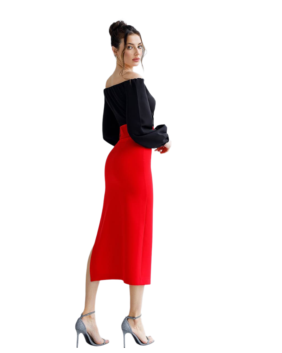 Premium Diagonal Suiting Crepe Red Midi Skirt with Belt