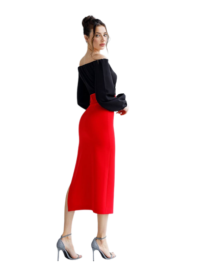 Premium Diagonal Suiting Crepe Red Midi Skirt with Belt