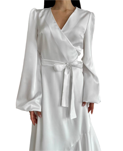 White satin robe with a belt on a white background