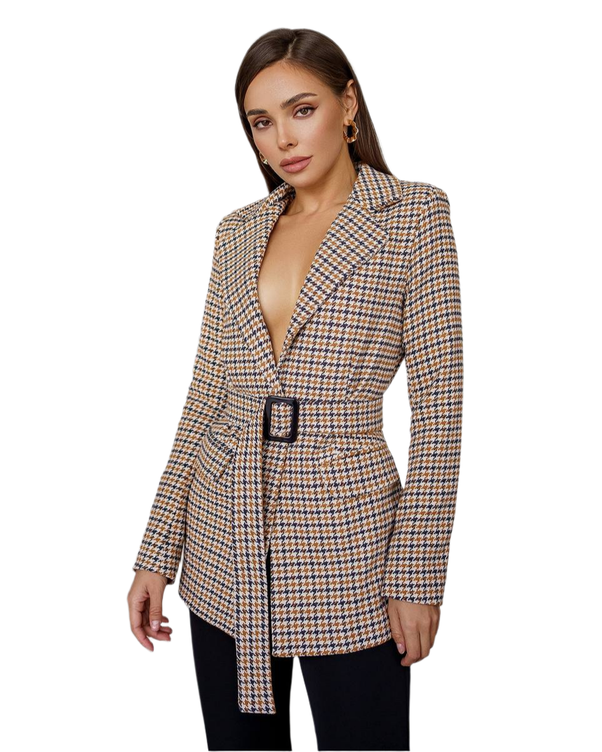 Stylish Beige Check Jacket with Belted Waist Feminine and Chic