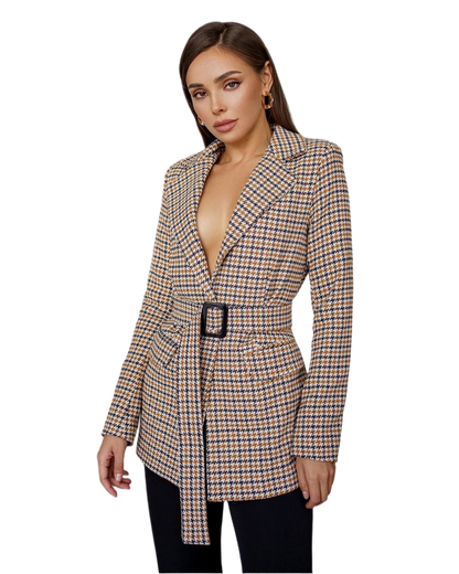 Stylish Beige Check Jacket with Belted Waist Feminine and Chic