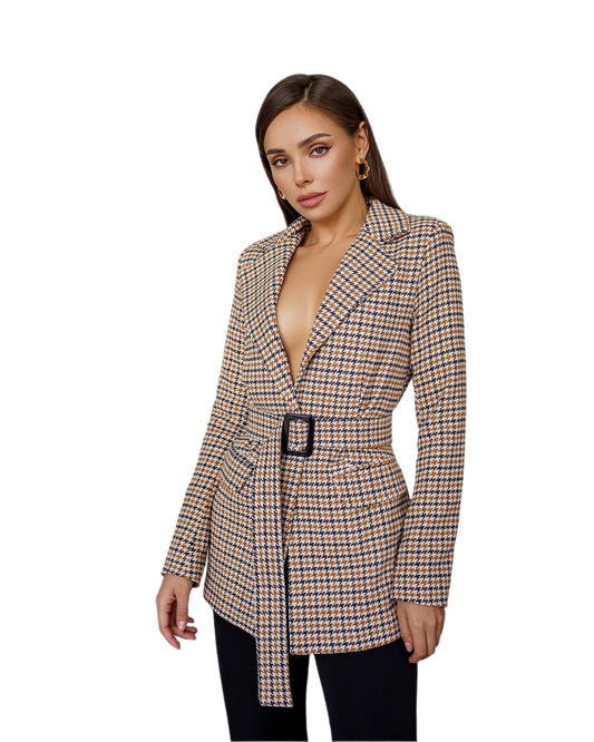 Stylish Beige Check Jacket with Belted Waist Feminine and Chic
