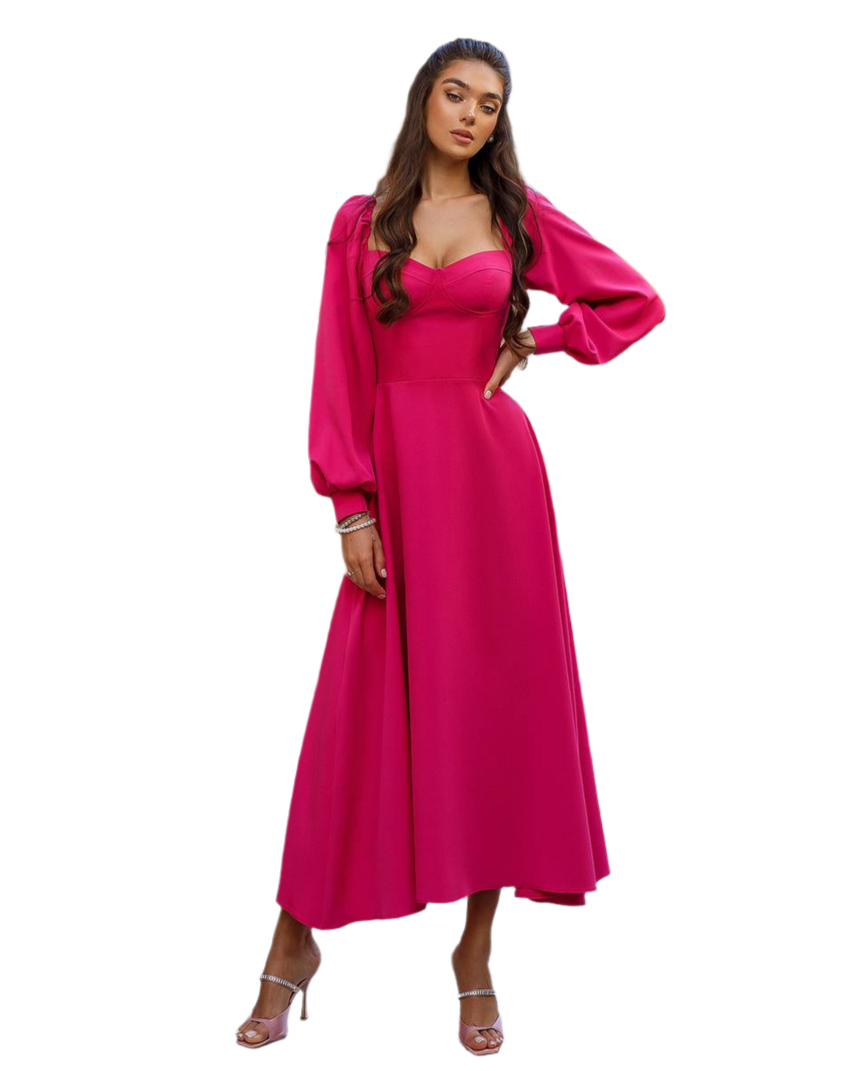 Elegant Pink Dress with Cups and Long Puff Sleeves for Women