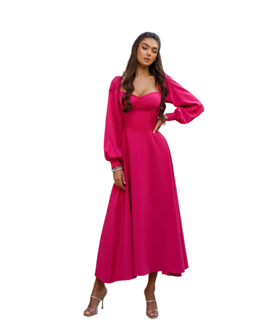 Elegant Pink Dress with Cups and Long Puff Sleeves for Women