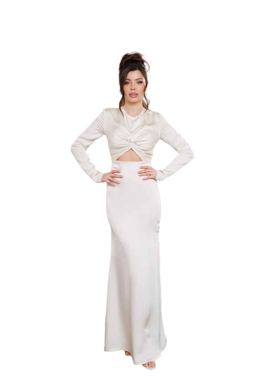 Elegant Royal Satin Long Sleeve Evening Dress in Ivory