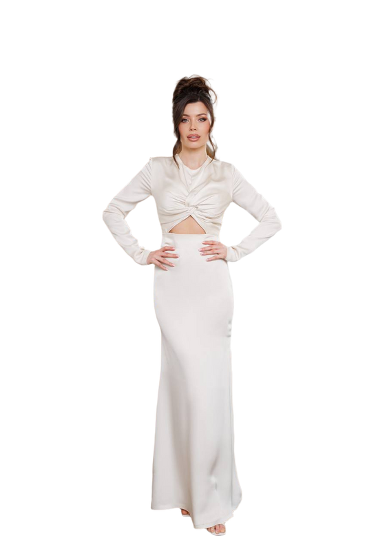Elegant Royal Satin Long Sleeve Evening Dress in Ivory