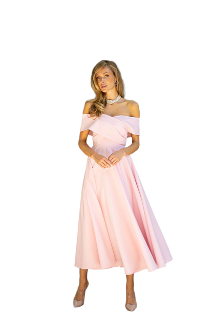 Elegant Off Shoulder Diagonal Crepe Dress in Pink