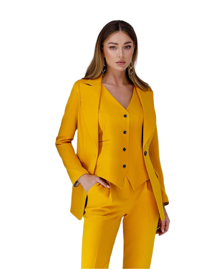Yellow Elegant Three-Piece Women's Suit - Tailored Blazer Lined Vest and Slim Fit Pants for Business Office Formal and Special Occasions