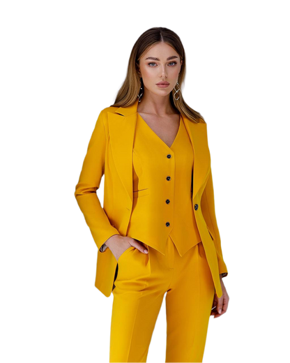 Yellow Elegant Three-Piece Women's Suit - Tailored Blazer Lined Vest and Slim Fit Pants for Business Office Formal and Special Occasions