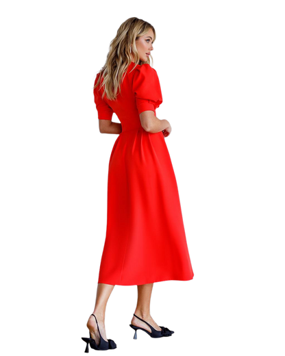 Elegant Red Midi Dress for Women with Puff Sleeves