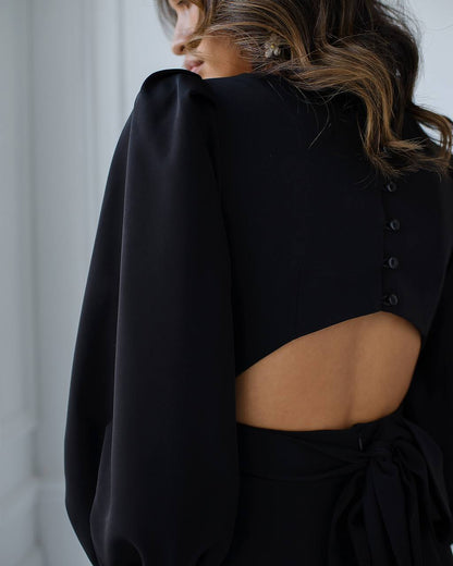 Elegant Midi Dress with Puff Sleeves and Cutout Back in Black