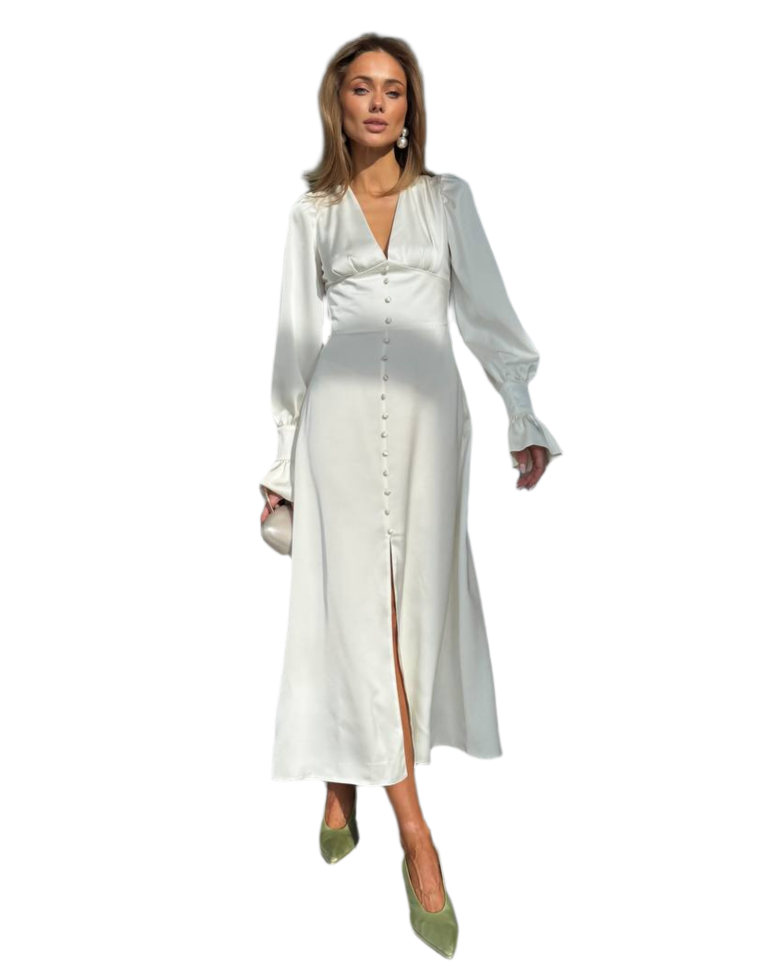 Elegant Satin Midi Dress for Women with Long Sleeves and Front Buttons