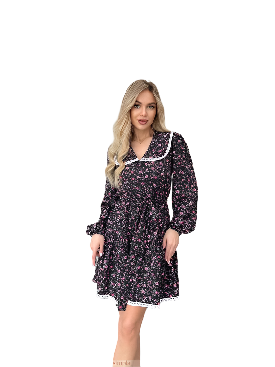 Black Floral Print Dress with Elastic Waist and Belt Included