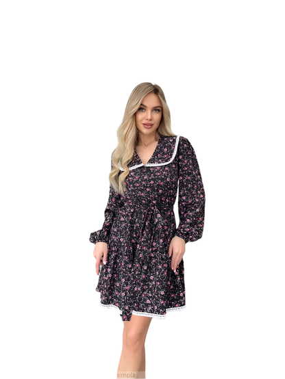 Black Floral Print Dress with Elastic Waist and Belt Included