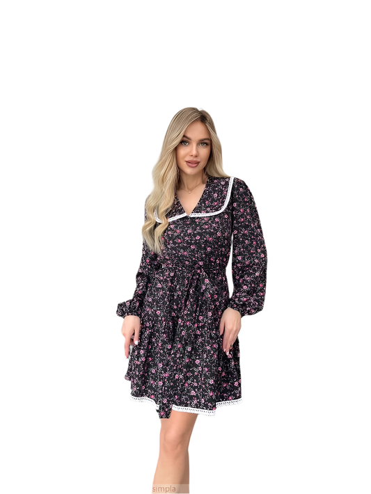 Black Floral Print Dress with Elastic Waist and Belt Included