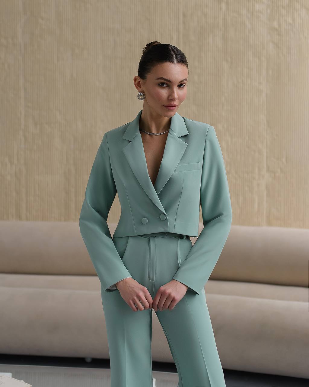 Womens Cropped Jacket Suit With High Waist Slit Trousers
