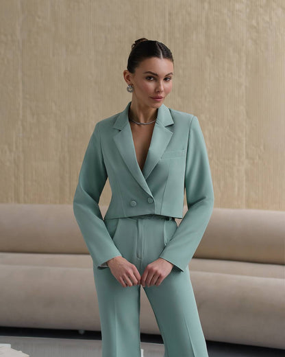 Womens Cropped Jacket Suit With High Waist Slit Trousers