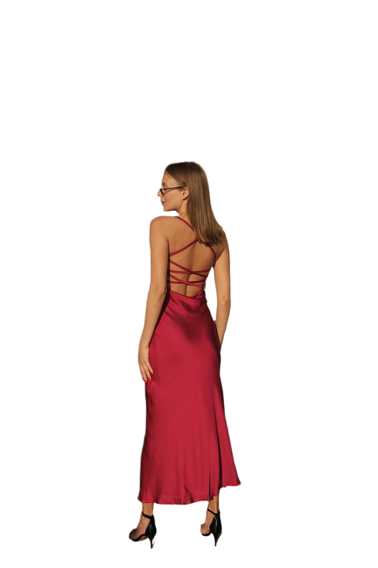 Ninel Midi Combination Silk Women's Dress Red Satin Backless