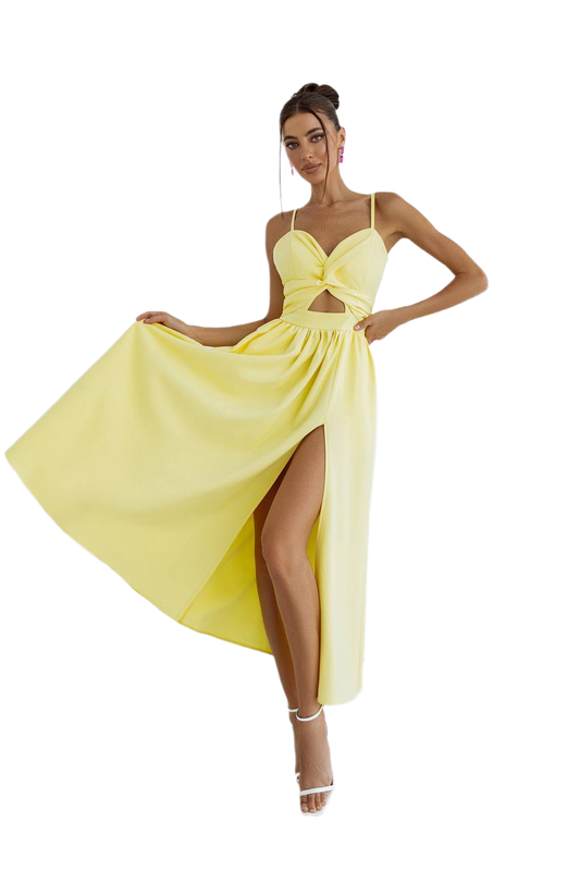 Elegant Yellow Diagonal Crepe Dress with Side Slit