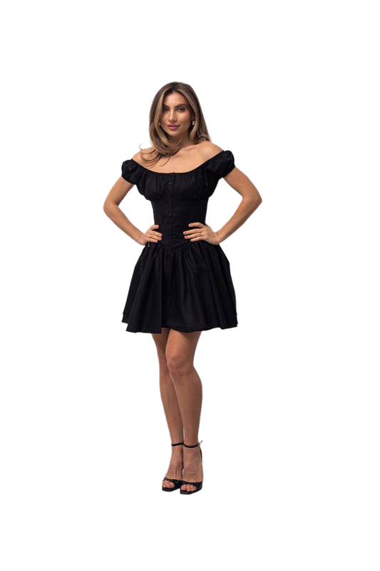 Woman wearing a black off-shoulder dress on a white background
