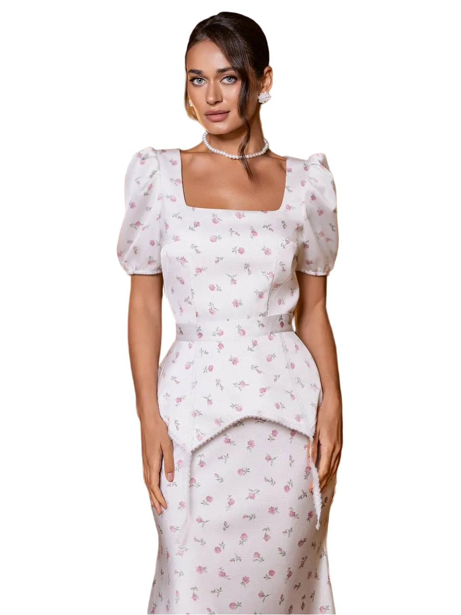Ivory Floral Peplum Dress Exclusive Print Double Sided Satin